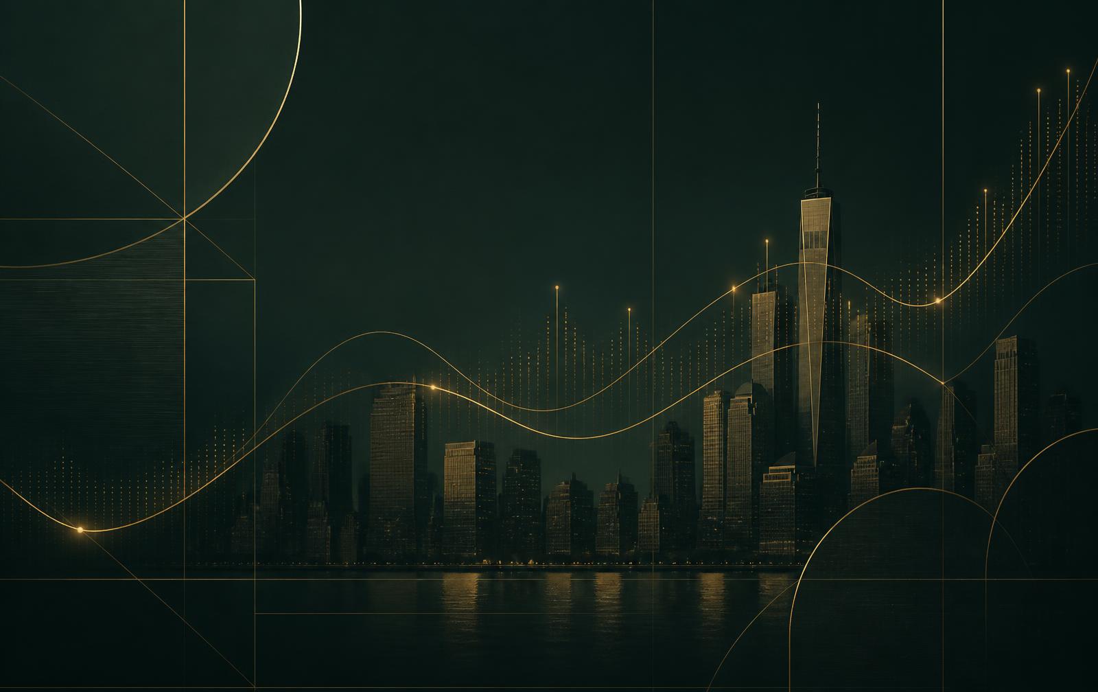 New York skyline rendered in green and gold